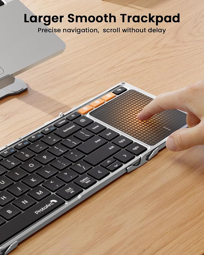 ProtoArc Foldable Keyboard with Touchpad, XK01 TP Folding Portable Keyboard, Full Size Keys, Large Trackpad Bluetooth Travel Keyboards for Laptop PC Tablet - Silver