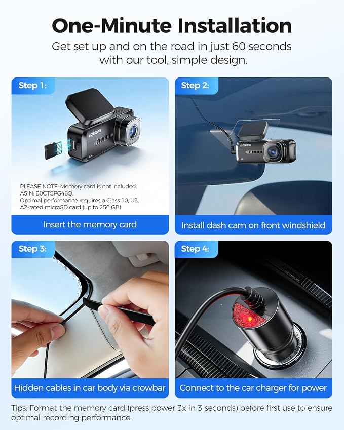 AZDOME 4K Dash Cam Front, Voice Control Dash Camera for Cars, WiFi 6 Mini Dashcam with APP Live Chat Support, Car Camera, Loop Recording, G-Sensor, 24H Parking Mode, Support 256GB Max Easy to Install