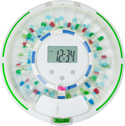 Automatic Pill Dispenser，Lock 28-Day Medication Organizer, Up to 6 Doses Per Day, 6 Dosage Templates, Sound & Light Alerts & Key for Vitamins, Supplements (Frosted Lid)