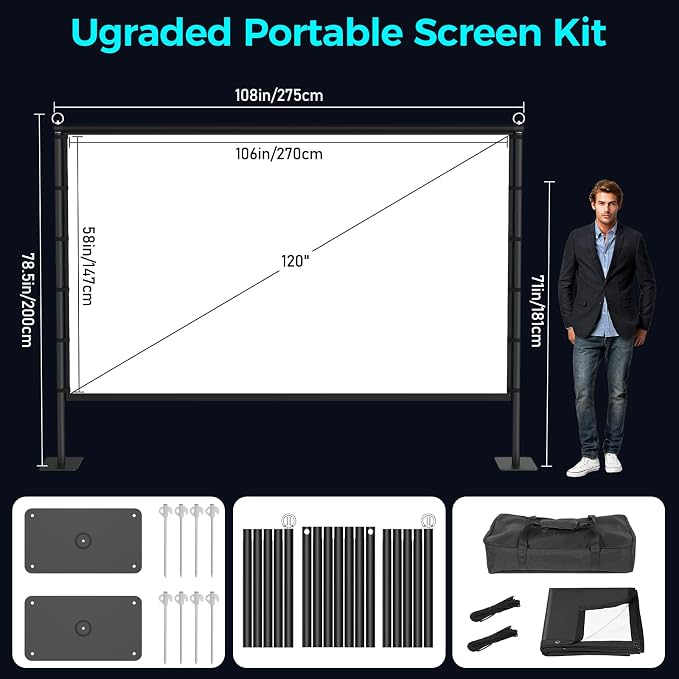 Outdoor Projector Screen with Black Backing - 120 inch Portable Projection Screen with Stand, 16:9 Wrinkle-Free Opaque Movie Screen with Carry Bag for Indoor Home Theater Backyard Cinema