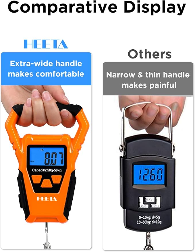 HEETA Waterproof Fish Scale Digital with Backlit LCD Display, 110lb/50kg Portable Hanging Scale Fishing Scale for Home and Outdoor, Measuring Tape and 2 AAA Batteries Included