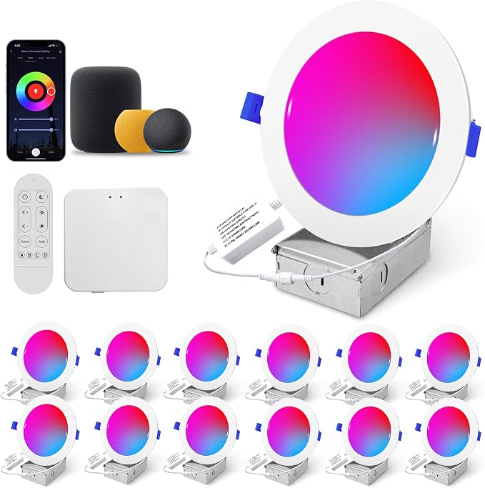Wi-Fi & Bluetooth Smart Recessed Lighting 6 Inch RGBCW Downlight Can Lights – 13W 1100LM 93CRI, Ceiling Light with Signal-Boosting Mesh Gateway,Compatible with Alexa,Remote/App/Switch Control, 12 Pack