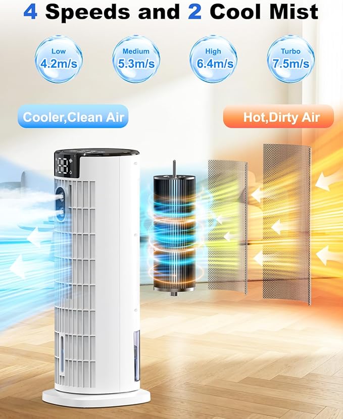 Portable Air Conditioners, 4 in 1 Evaporative Air Cooler, 1000ML Tower Fan with Remote, 3 Wind Speeds&Turbo Mode, 2 Mist,10H Timer, 90° Oscillation Portable AC for Home, Office CoamoTrail(Off White)