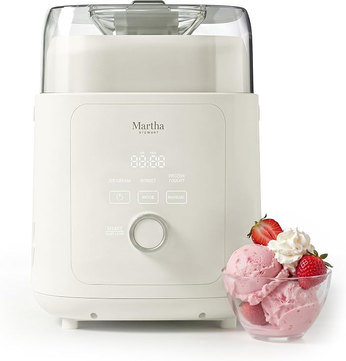 Martha Stewart 1 Quart Ice Cream Maker, Built-In Compressor, No Pre-Freezing Required, 3 Modes (Ice Cream, Sorbet, Frozen Yogurt), Automatic Mix-In Alert, Dishwasher-Safe Parts, Linen Cream