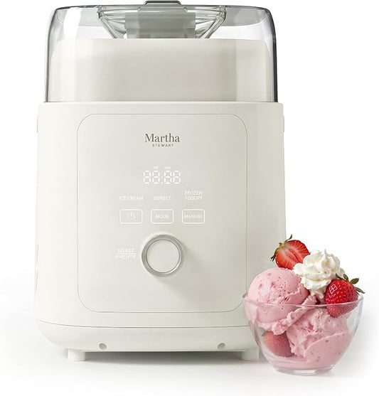 Martha Stewart 1 Quart Ice Cream Maker, Built-In Compressor, No Pre-Freezing Required, 3 Modes (Ice Cream, Sorbet, Frozen Yogurt), Automatic Mix-In Alert, Dishwasher-Safe Parts, Linen Cream