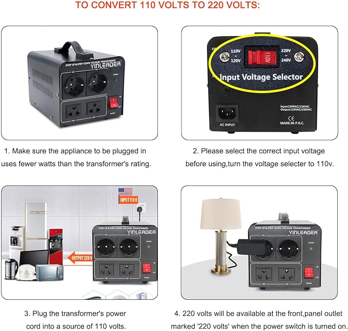 Yinleader 110V to 220V Voltage Converter Transformer Step Up/Down 120V to 240V with 2 US&2 EU Outlets 1500W [110V US Power Cord Included Only, No 220V Cord]