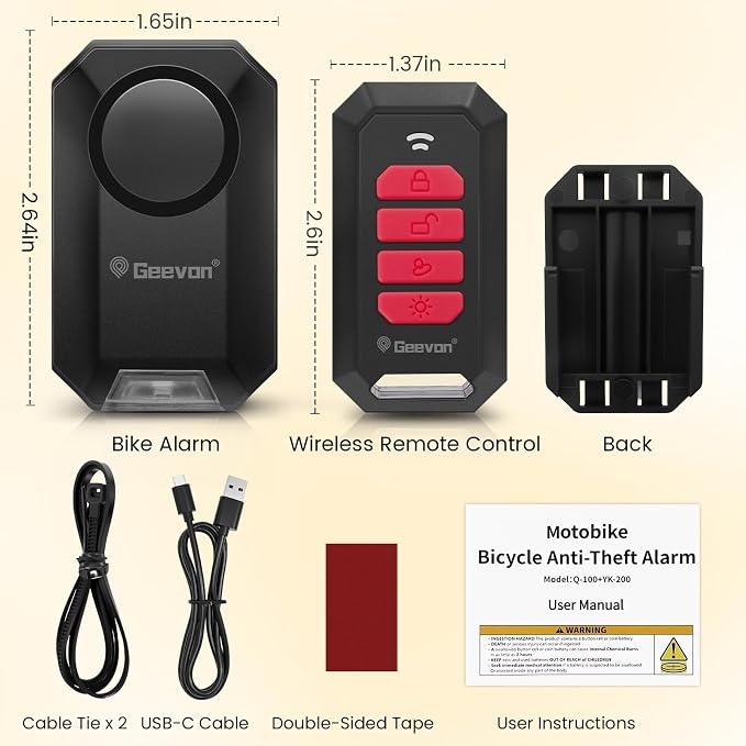 Geevon Bike Alarms for Ebikes, Wireless Bike Alarm with Remote, 135dB Anti-Theft Bicycle Motorcycle Alarm Wireless Security Sensor Alarms, IPX5 Waterproof (1)