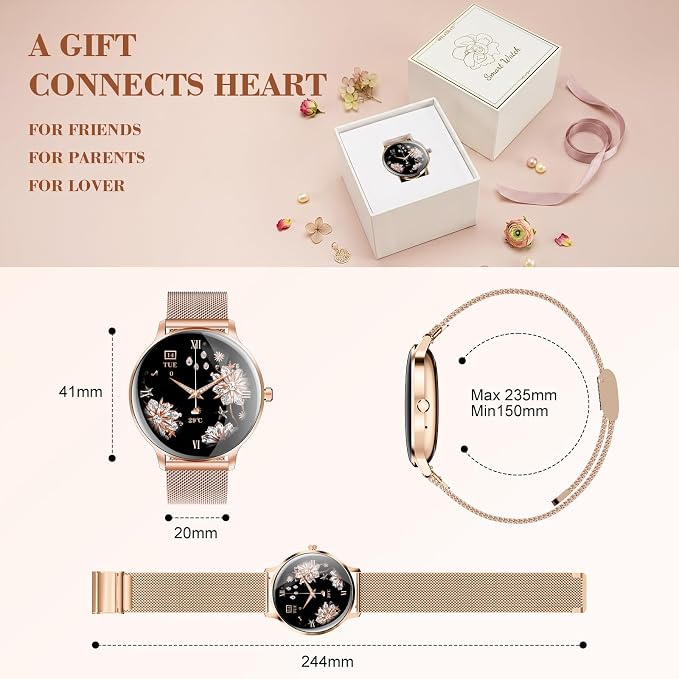 WalkerFit Smart Watches for Women, 1.32" AMOLED Curved Screen Fitness Tracker, Bluetooth Call for Android and iPhone, IP68 Waterproof Smartwatch, Wireless Charging, Heart Rate Tracker Rose Gold
