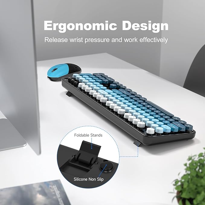 MOFII Wireless Keyboard and Mouse Combo, 2.4GHz Retro Typewriter Keyboard Full Size, Cute Wireless Mice, USB Dongle Plug and Play, for Laptop, PC, Desktop, Windows (Black Blue Gradient Color)