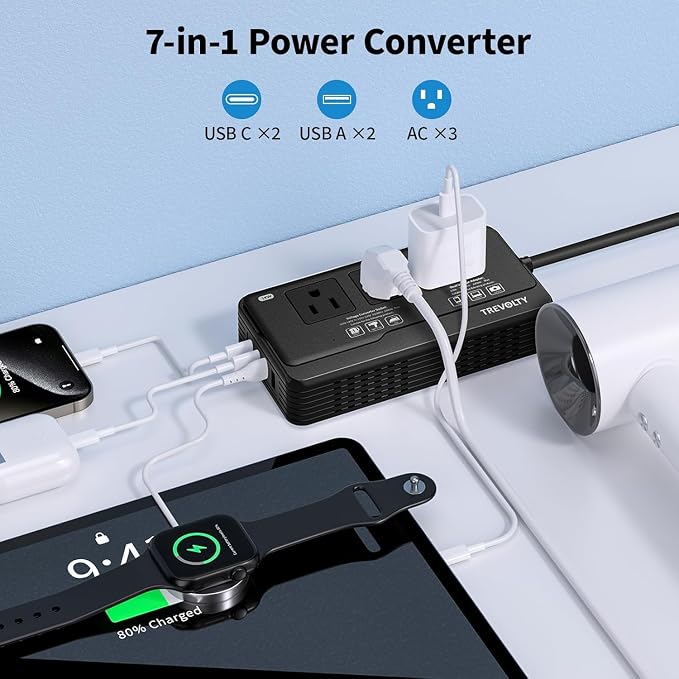 2000W Voltage Converter US to Europe for Hair Dryers, 7-in-1 220V to 110V Converter for European Travel with 3 AC/2 USBA/2 USBC Ports, Power Converter Adapter Combo with Type C/G/I/L Plugs (Black)