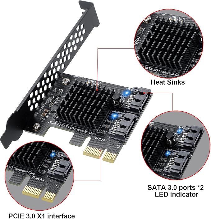 PCI-E X1 to SATA 3.0 Controller Card, 2-Port SATA III 6Gbps Expansion Cards, Supports PCI-Express (1X 4X 8X 16X) Slot, Support SSD and HDD, for Windows10/7/8/XP/Vista/linux