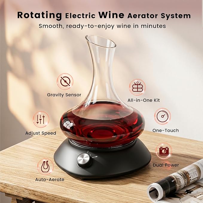 5-in-1 Automatic Electric Wine Decanter Set ，Black Rotation Aerator Base with Glass Carafe, Electric Wine Opener with Foil Cutter, Wine Gifts & Accessories for Wine Lovers and Women