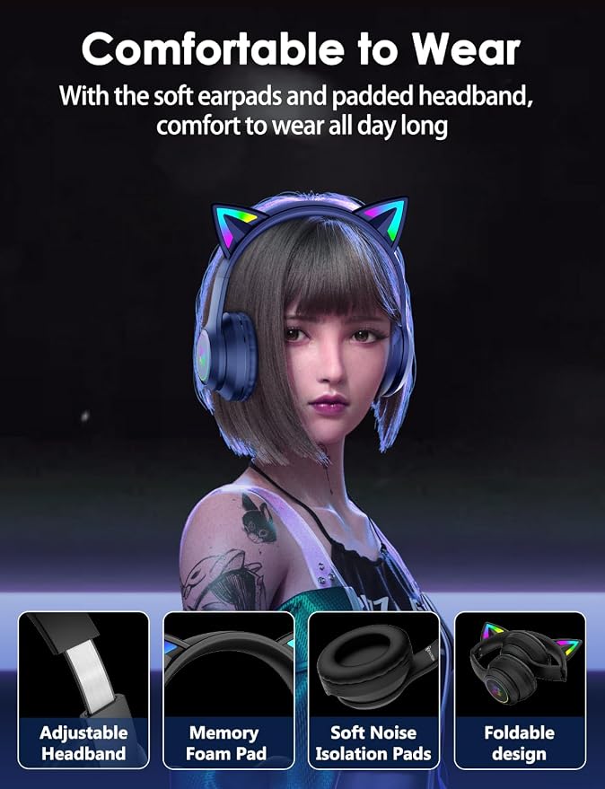 Cat Ear Bluetooth Headphones for Kids & Adults, 55H Play Time, Wireless Foldable & Wired Multi-Function LED Light Up Over Ear Headphones with Mic and Volume Control for iPhone/iPad/Laptop/PC