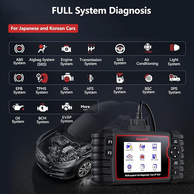 iCarsoft JP V2.0 Diagnostic Tool for Daewoo/Toyota/Honda/Mitsubishi/Suzuki/Mazda/Hyundai, Full System OBD2 Scanner with 9 Service Function, Oil/EPB/BMS/ETC/SAS/BLD/INJ/TPMS/DPfilter