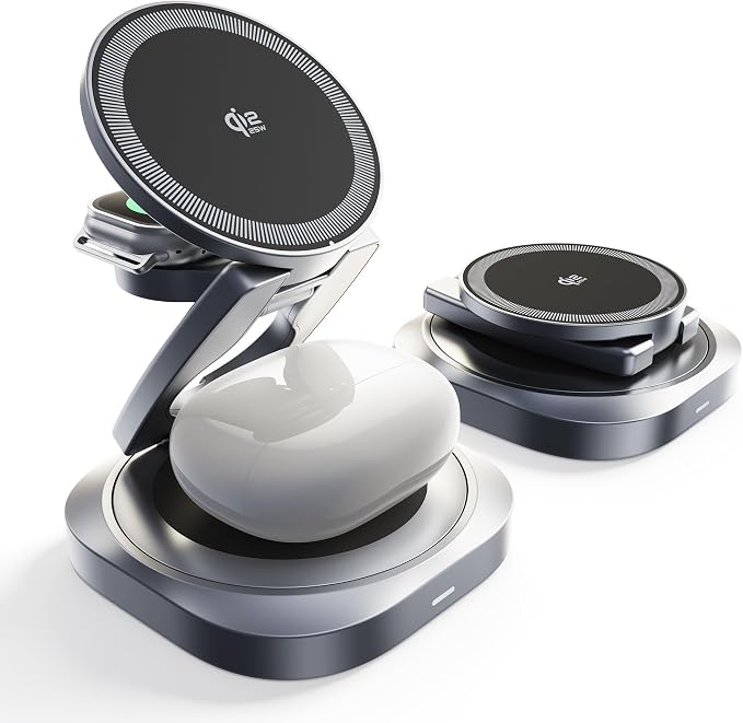3-in-1 Foldable Qi2.2 25W Magnetic Wireless Charger Stand for iPhone Black | 360° Rotatable Charging Station for Airpods & Apple Phone Watch Earbuds for Travel Desk Home (No Adapter)