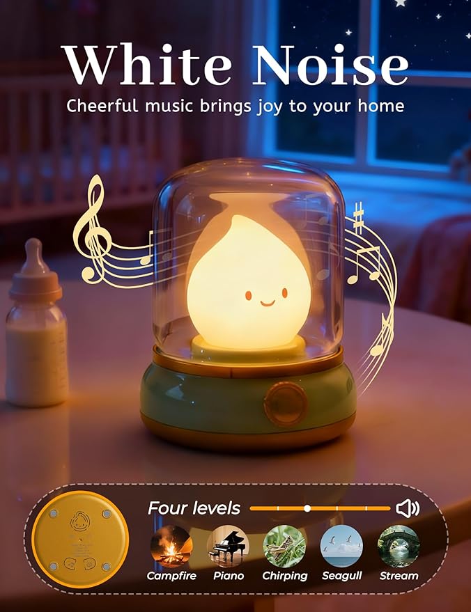 Cute Smiley Night Light with White Noise, Vintage Flickering Flame Lamp, USB Rechargeable Dimmable Sleep Timer, Cozy Lamp Sleep Aid Sound Machine for Bedroom