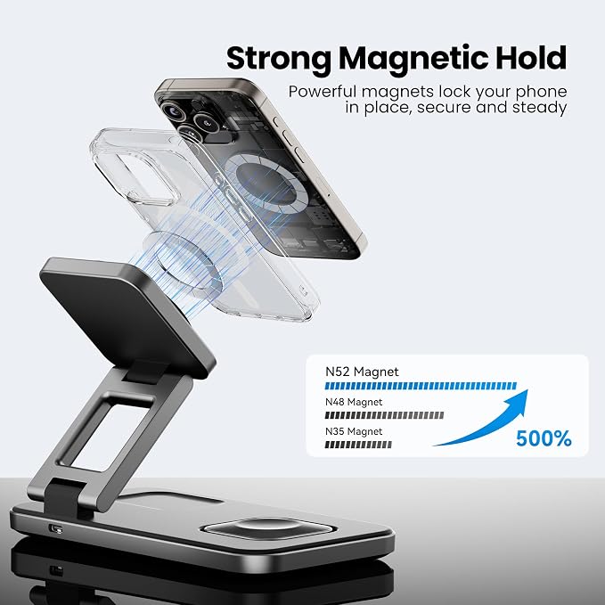 3 in 1 Magnetic Wireless Charger for Multiple Devices, Fast Foldable Travel Mag-Safe Charger Stand for iPhone 17 16 15 14 13 12, Wireless Charging Station for iWatch Series, for AirPods Black