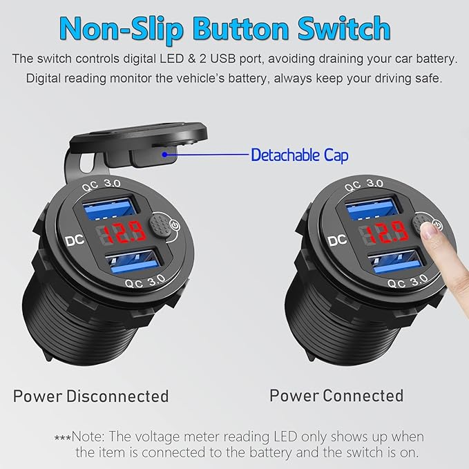 Quick Charge 3.0 Dual 12V USB Car Charger and Cigarette Lighter Socket 12V Splitter with Rocker Toggle Switch