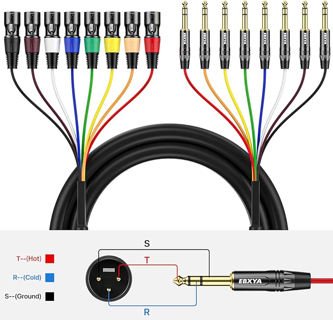 EBXYA 8 Channel 1/4 Inch TRS to XLR Snake Cables, 6.35mm Male Jack Stereo Audio Balanced Line to XLR Cables, 10 Feet 1 Pack
