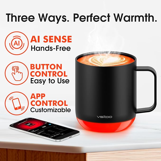 Vsitoo S6 Plus 12oz Smart Self Heating Coffee Mug, AI Auto-Sensing Heated Espresso Mug Temp Control 120-150℉, Rechargeable Mug Warmer with Music LED, IPX7 Gift for Women Men- Black
