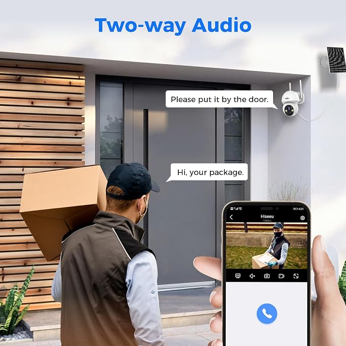 Hiseeu Solar Wireless Security Camera, 2.4G WiFi, Full HD Night Vision, Pan-Tilt Control, Smart Motion Detection, Two-Way Audio, IP66 Waterproof, 100% Wireless Camera Ideal for Home & Business