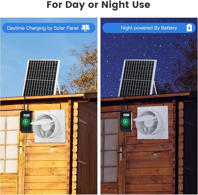 Fanspex Solar Exhaust Fan, Solar Powered Vent Fan Kit for Outside Greenhouse Shed Chicken Coop (8" Fan with Battery)