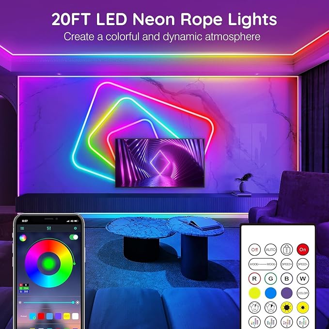 AILBTON 20Ft Neon Rope Lights,Flexible Led Rope Lights Control with App/Remote,Multiple Modes RopeLights,IP65 Outdoor RGB Led Neon Lights NonWater Resistant,Music Sync Gaming Led NeonLight Strip