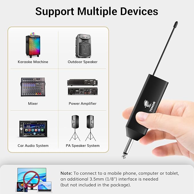 TONOR UHF Wireless Microphone System with Headset Lavalier Lapel Mic, Bodypack Transmitter, Rechargeable Receiver, 2 * 15 Channels 60 m/200ft Range 1/4" Output for Recording, 2 Bodypack Mics