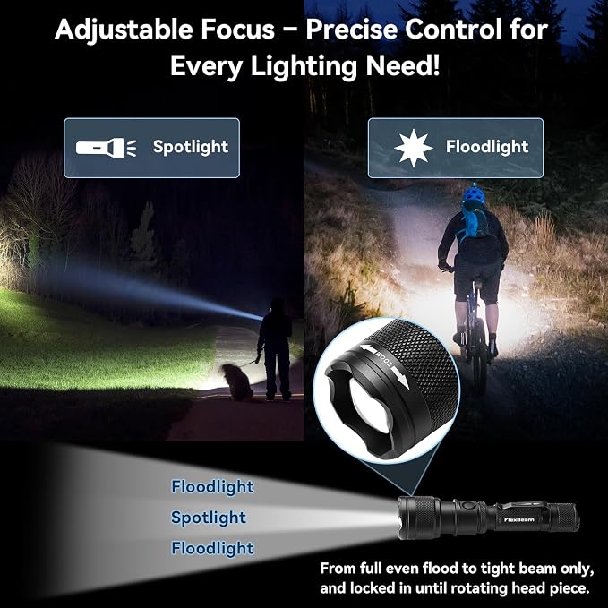 Powertac Flexbeam Tactical Flashlight – 700m Long Throw Zoomable LED, 1200 Lumens, 6 Modes, Rechargeable, Waterproof EDC Torch with Memory Function, Clip & Momentary On for Hunting, Outdoor, Emergency