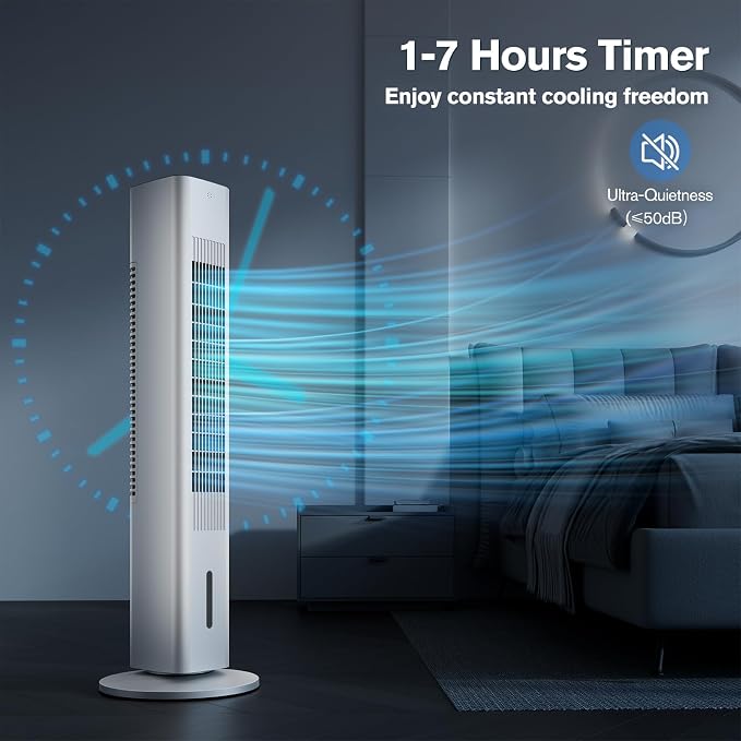 Windowless Portable Air Conditioners, 35’’ Cooling Tower Fan w/Remote, 7H Smart Timer & 70° Swing, 1.2L Water Tank With 3 Ice Packs, Ductless Air Cooler For Home Bedroom Office