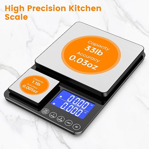 KKZ 0.001oz/33lb Kitchen Scale, Dual Platform Food Scale Grams and Ounces Rechargeable for Weight Loss Baking Cooking Meal Prep Sourdough Bread, Stainless Steel