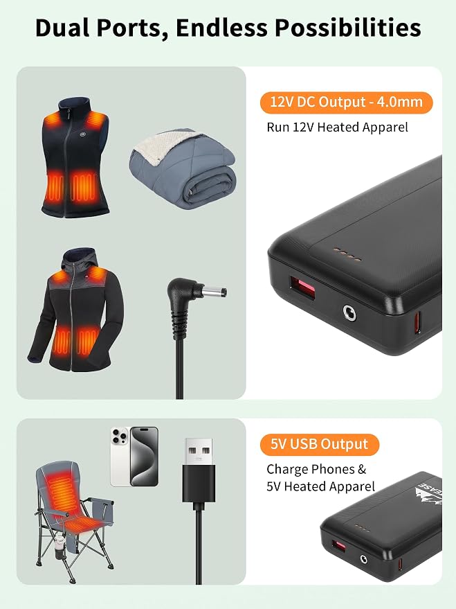 Rechargeable Portable Charger,12V/5V 15000mAh Battery Pack With DC/USB Output, Portable Power Bank for heated Blanket,Heated Vest, Heated Jacket,Heating Clothing,Heated Camping Chair and Phones