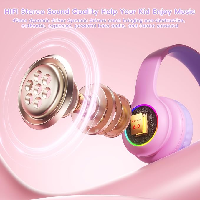 Candy Bila Kids Bluetooth 6.0 Headphones with LED Light, 85Hours Playtimes, Type-C Fast Charging, 85/94dB Volume Limited, Comfort Wireless Headphones with Built-in Mic, Wired & TF Card Mode, Pink