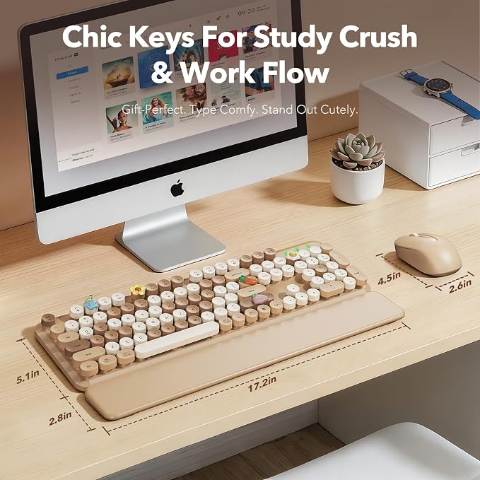 Wireless Keyboard and Mouse Combo, Round Keycaps, Full-Size Retro Typewriter-Style Keyboard with Magnetic Wrist Rest, Tilt Legs, 2.4GHz Cordless for Mac, Windows PC, Laptop, SABLUTE CK23, Latte Beige