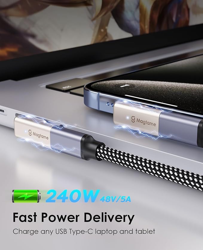 Magtame 240W Magnetic Right Angle USB C Male to USB C Female Adapter 40Gbps, 24Pin Flat 90 Degree Type-C Adapter Extender, 4K Video for USB3/4 Laptop, Tablet, iPhone 15/16, 1Pack with 2 Tips