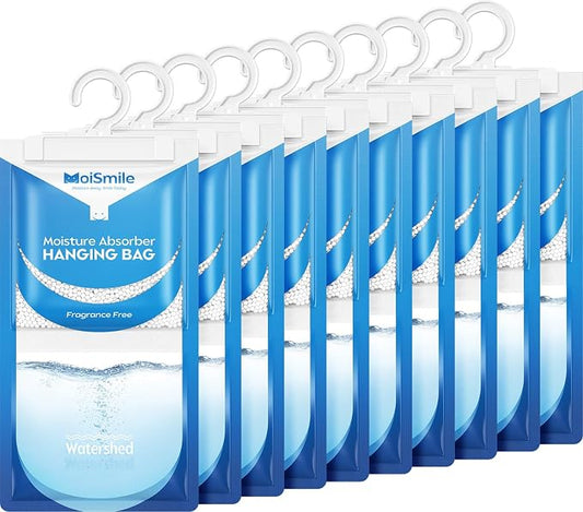 Moisture Absorbers 10 Pack, Fragrance Free Hanging Closet Dehumidifier Bags, Humidity Packs Odor Eliminator for Closet, Bathroom, Bedroom, Basement, Car, 9.8 OZ