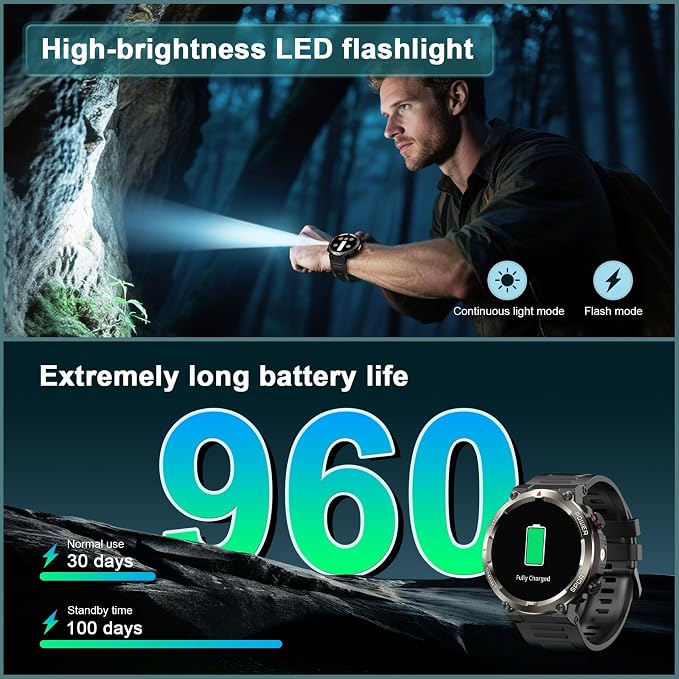 Military Tactical Smart Watches for Men, 1.45" Smart Watch for Android and iPhone, Fitness Tracker Watch with Compass & Flashlight/30-Day Battery/IP68 Waterproof/Heart Rate/120+ Sport Modes(2 Straps)
