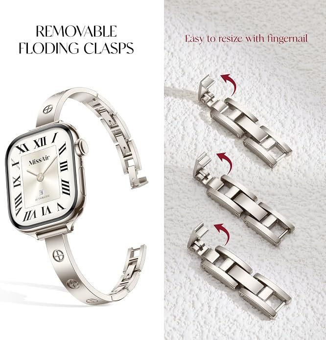 Missair Slim Bands Compatible with Apple Watch 38mm 40mm 41mm 42mm 44mm 45mm 46mm 49mm for Women, Thin Bracelet Dressy Designer Stainless Steel Metal Strap for iWatch Series 11 10 9 8 7 6 5 4 SE Ultra