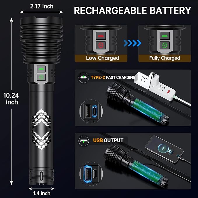 baibian Rechargeable Flashlights 600,000 High Lumens, Super Bright LED Flashlight with Long Handle, Large Capacity, Zoomable & 6 Modes, Waterproof Handheld Flashlight for Camping Emergencies Home