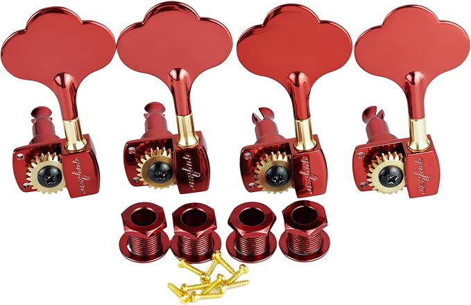 Guyker Bass Tuners (4 for Left) - 1:22 Ratio Gear Open Frame Bass Drop Locking Machine Head Tuning Key Pegs Replacement for Electric Jazz Guitar Bass or Precision Instruments, BB100 Red
