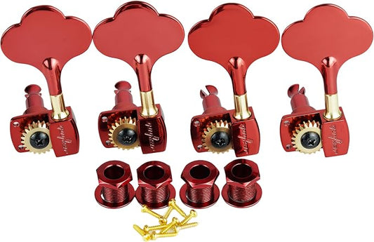 Guyker Bass Tuners (4 for Left) - 1:22 Ratio Gear Open Frame Bass Drop Locking Machine Head Tuning Key Pegs Replacement for Electric Jazz Guitar Bass or Precision Instruments, BB100 Red