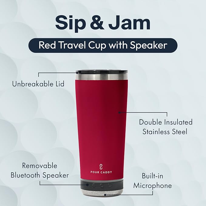 Vibe 18 oz Tumbler with Bluetooth Speaker, Insulated Stainless Steel Travel Cup with Lid, Hot & Cold Drink Beverage Container, Removable Speaker with Microphone, Rubber Base, Red