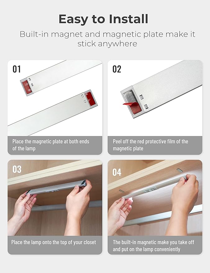 Joyzy 3 Pack Automatic Motion Sensor Closet Lights with Eye-Protection Design, LED Under Cabinet Wireless Lighting, Rechargeable Closet Lightings for Wardrobe Pantry Light