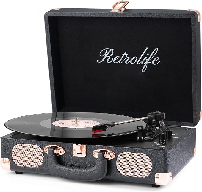 Record Player Wireless Portable Suitcase Vinyl Player with Built-in Speakers Retro Style Record Player for Vinyl Records 3-Speed RCA Line Out AUX in Vintage Turntable Upgrade Black