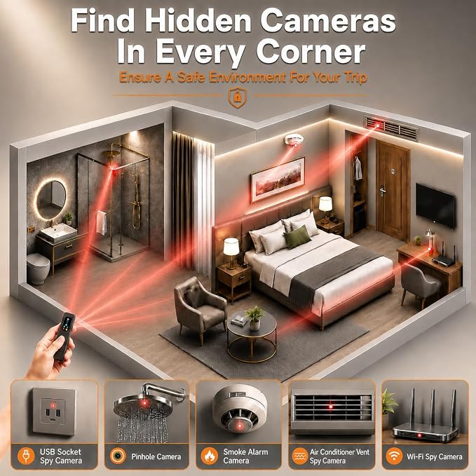 Hidden Camera Detector LED Display Silent Mode Travel Hotels Car | 6 detection modes, spy camera finder, 25H battery, GPS tracker and listening device detector, 5-Level Sensitivity, Compact