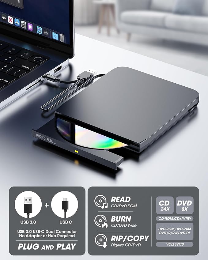 ROOFULL New USB 3.0 External CD DVD Drive with Ethernet Adapter, USB-A/C Ports, SD/TF Card Slot, Carrying Case, USB-C CD DVD Reader Burner Writer Player Optical Disc Drive for Windows & Mac Laptop PC