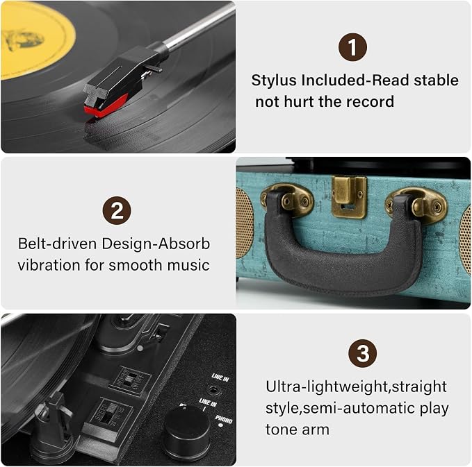 Vinyl Record Player 3-Speed Bluetooth Suitcase Portable Belt-Driven, Supports Bluetooth, RCA Output, 3.5mm aux-in and Headphone Jack and MP3, Mobile Phones Music Playback