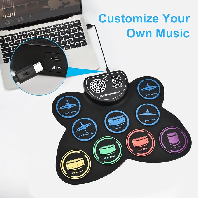 Electronic Drum Set, Marrilley 9 Drum Practice Pad with Headphone Jack, Roll-up Pad Machine Built-in Speaker Drum Pedals Sticks 10 Hours Playtime, Great Holiday Xmas Birthday Gift for Kids