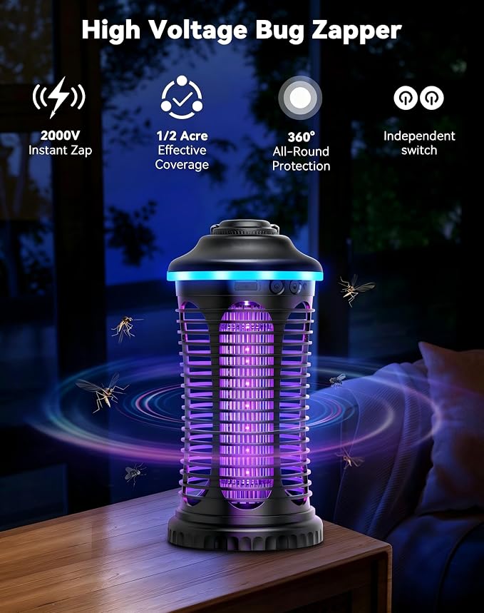 Rechargeable Bug Zapper Outdoor Indoor, Mosquito Zapper Cordless with 4000mAh Battery, RGB Light, USB-C Charging, 1/2 Acre Coverage, IPX4 Waterproof, Portable Fly Zapper for Camping, Patio, Garage