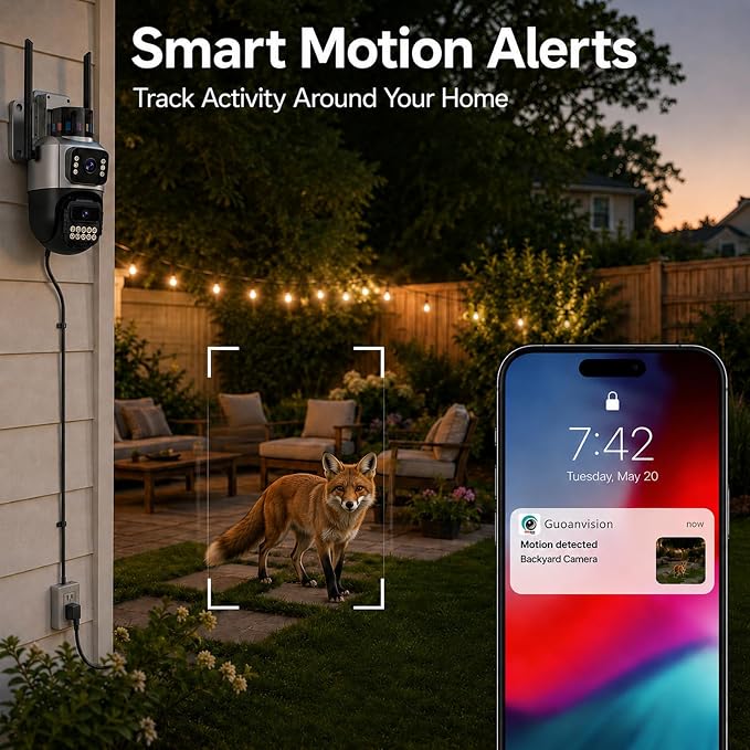 Outdoor Camera, Dual Lens PTZ 6MP Security Camera Outdoor, 6X Digital Zoom, Auto Tracking, Color Night Vision, 5G/2.4G Dual-Band WiFi, Plug-in Power, 2-Way Audio, IP66 Waterproof